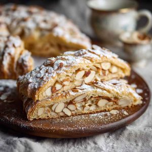 “A golden, flaky almond kringle pastry drizzled with icing and sprinkled with sliced almonds, served on a rustic platter.”