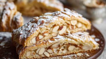 “A golden, flaky almond kringle pastry drizzled with icing and sprinkled with sliced almonds, served on a rustic platter.”