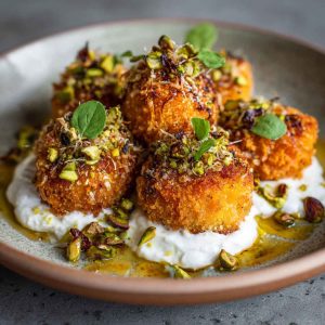 Golden sweet potato croquettes served with burrata dip and sprinkled with pistachio crunch.