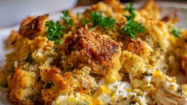 Golden cheesy hamburger potato casserole baked in a dish with melted cheese on top.