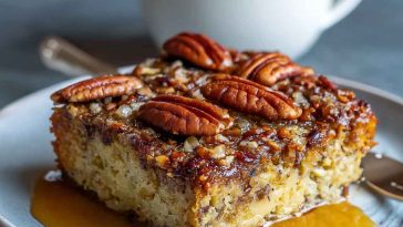 "Golden keto pecan squares with a buttery crust, crunchy pecans, and sugar-free caramel glaze."