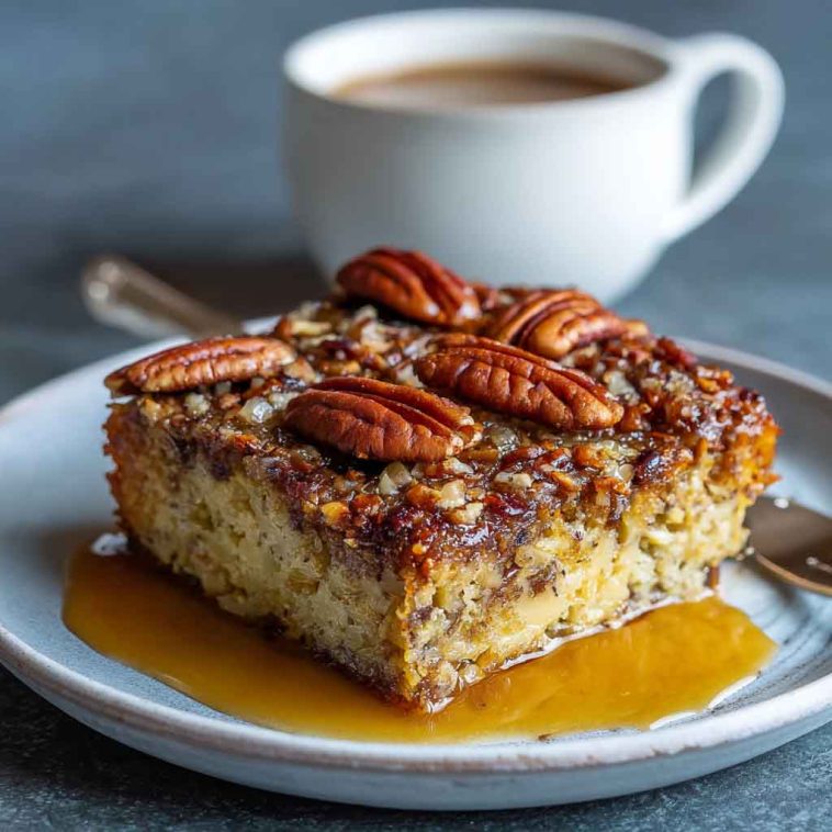 "Golden keto pecan squares with a buttery crust, crunchy pecans, and sugar-free caramel glaze."