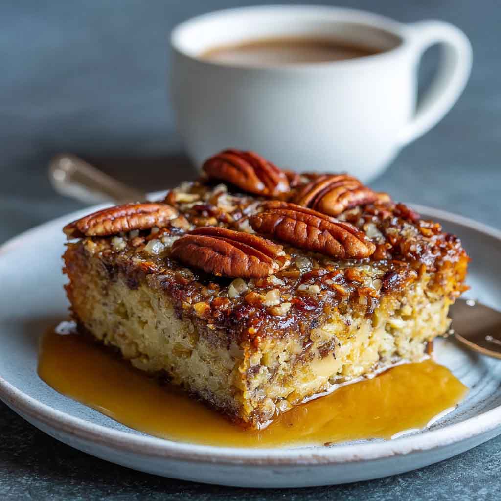 "Golden keto pecan squares with a buttery crust, crunchy pecans, and sugar-free caramel glaze."