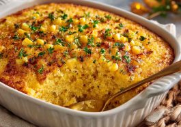 Golden honey glazed corn casserole baked to perfection, with a sweet glaze and fluffy texture served in a rustic dish.