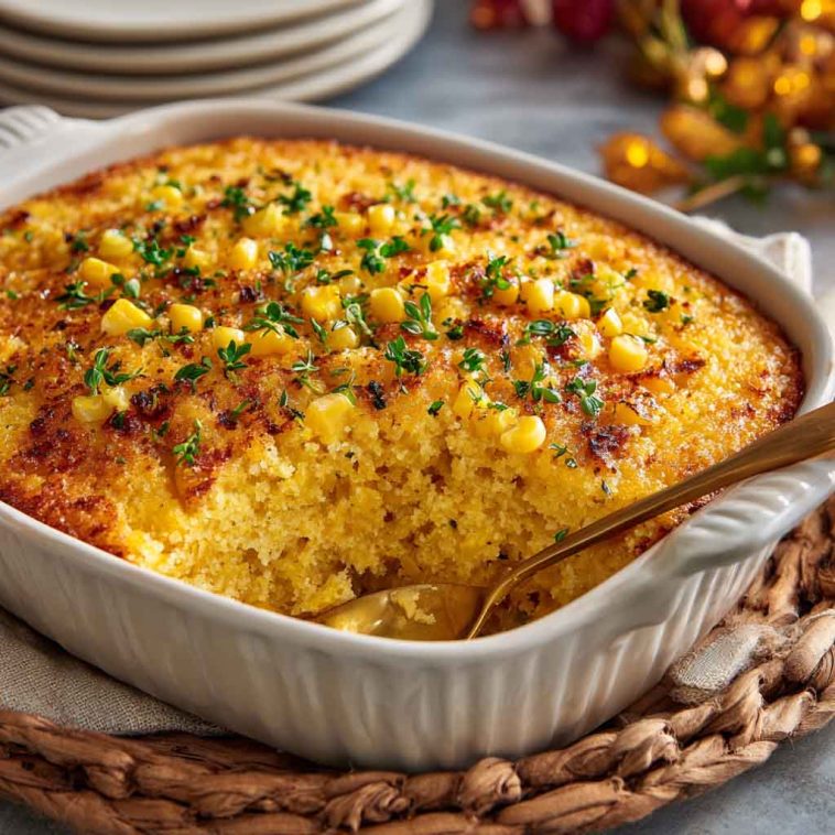 Golden honey glazed corn casserole baked to perfection, with a sweet glaze and fluffy texture served in a rustic dish.