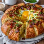 Golden crescent breakfast ring filled with scrambled eggs, cheese, and sausage, baked to perfection and served warm on a platter.