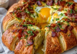 Golden crescent breakfast ring filled with scrambled eggs, cheese, and sausage, baked to perfection and served warm on a platter.