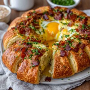 Golden crescent breakfast ring filled with scrambled eggs, cheese, and sausage, baked to perfection and served warm on a platter.