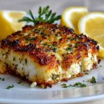 "Garlic parmesan crusted halibut fillet baked golden brown, topped with fresh herbs and served with lemon wedges."