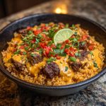 "Easy steak queso rice served in a skillet with tender steak bites, creamy queso sauce, and fluffy rice topped with fresh cilantro."