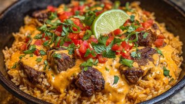 "Easy steak queso rice served in a skillet with tender steak bites, creamy queso sauce, and fluffy rice topped with fresh cilantro."