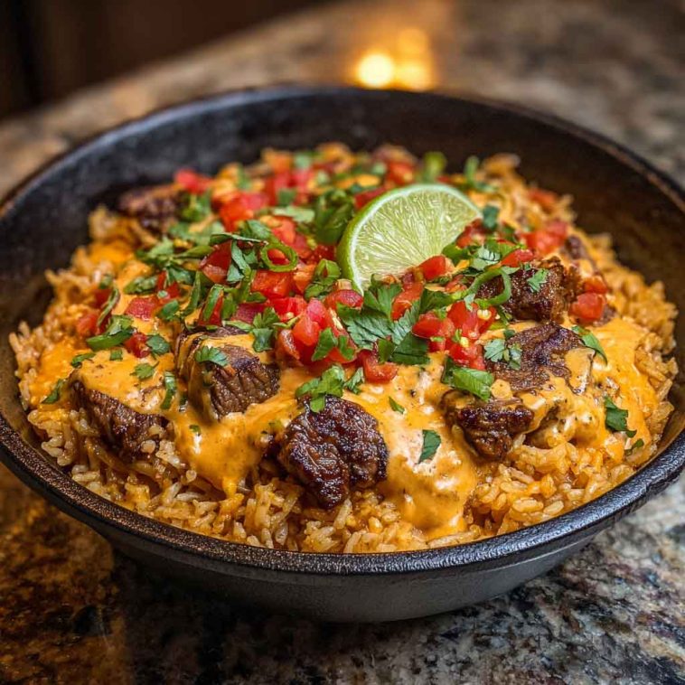 "Easy steak queso rice served in a skillet with tender steak bites, creamy queso sauce, and fluffy rice topped with fresh cilantro."