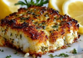 "Garlic parmesan crusted halibut fillet baked golden brown, topped with fresh herbs and served with lemon wedges."