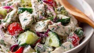 "Fresh tzatziki chicken salad served in a bowl with cucumbers, herbs, and creamy Greek yogurt dressing."
