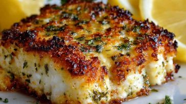"Garlic parmesan crusted halibut fillet baked golden brown, topped with fresh herbs and served with lemon wedges."