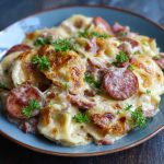 “A hearty crockpot pierogi casserole with kielbasa, melted cheese, and golden onions served in a rustic dish.”