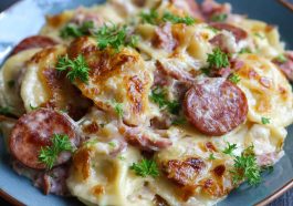 “A hearty crockpot pierogi casserole with kielbasa, melted cheese, and golden onions served in a rustic dish.”