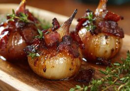 Honey-glazed shallots topped with crispy bacon pieces served in a rustic dish.