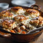 “A golden chicken cobbler topped with fluffy scones, baked in a creamy sauce with vegetables.”