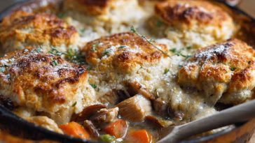 “A golden chicken cobbler topped with fluffy scones, baked in a creamy sauce with vegetables.”