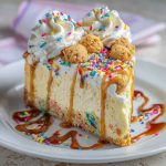 Slice of sugar cookie cheesecake topped with whipped cream and colorful sprinkles.