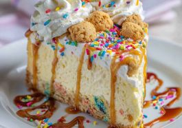 Slice of sugar cookie cheesecake topped with whipped cream and colorful sprinkles.