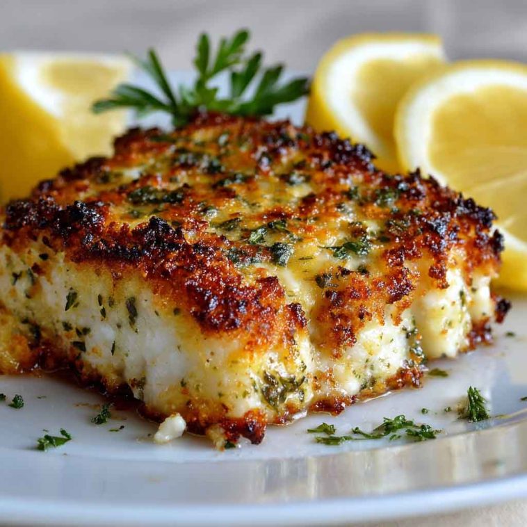 "Garlic parmesan crusted halibut fillet baked golden brown, topped with fresh herbs and served with lemon wedges."