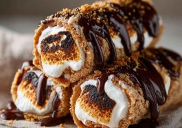 Golden s’mores roll-ups filled with gooey marshmallows, melted chocolate, and graham cracker crumbs, served warm on a plate.