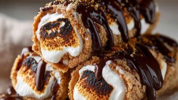 Golden s’mores roll-ups filled with gooey marshmallows, melted chocolate, and graham cracker crumbs, served warm on a plate.
