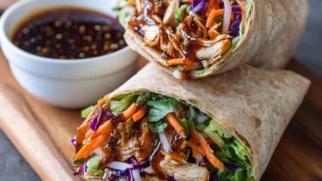 "Fresh teriyaki chicken wrap filled with grilled chicken, crisp lettuce, colorful veggies, and drizzled with teriyaki sauce."