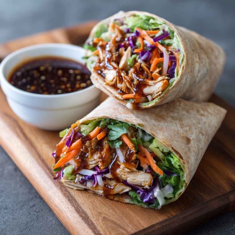 "Fresh teriyaki chicken wrap filled with grilled chicken, crisp lettuce, colorful veggies, and drizzled with teriyaki sauce."