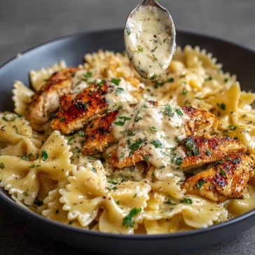 “Bowtie pasta tossed with garlic butter chicken and smothered in creamy mozzarella sauce, garnished with parsley.”