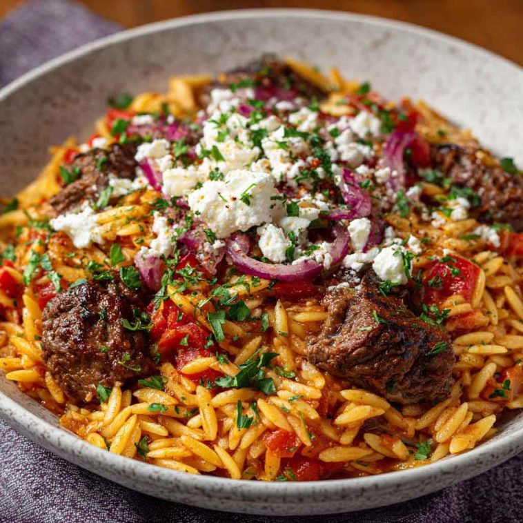 “A traditional Greek beef giouvetsi with tender beef, orzo pasta, rich tomato sauce, and sprinkled cheese.”