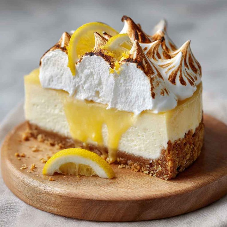 Triple lemon meringue cheesecake with golden crust, creamy lemon filling, and fluffy toasted meringue topping.