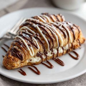 Easy chocolate cream cheese Danish with flaky pastry layers, rich chocolate filling, and creamy cheese center.