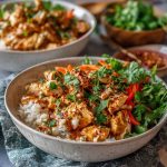 Bowl of creamy Thai red curry chicken with rice, vegetables, and fresh herbs.