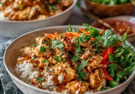 Bowl of creamy Thai red curry chicken with rice, vegetables, and fresh herbs.