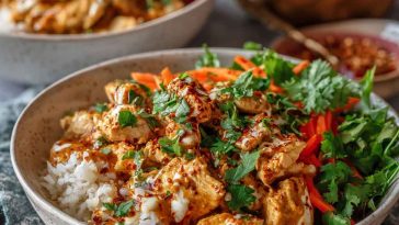 Bowl of creamy Thai red curry chicken with rice, vegetables, and fresh herbs.