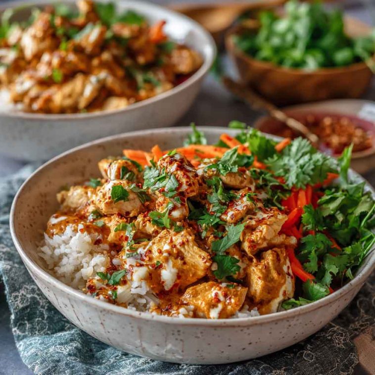 Bowl of creamy Thai red curry chicken with rice, vegetables, and fresh herbs.