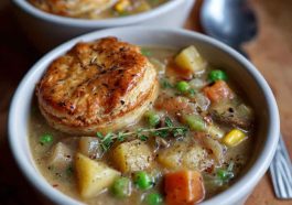 Creamy veggie pot pie soup with carrots, peas, corn, and flaky pastry topping served in a cozy bowl.
