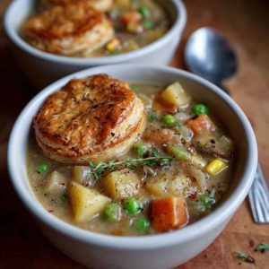 Creamy veggie pot pie soup with carrots, peas, corn, and flaky pastry topping served in a cozy bowl.