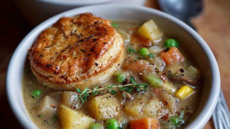 Creamy veggie pot pie soup with carrots, peas, corn, and flaky pastry topping served in a cozy bowl.