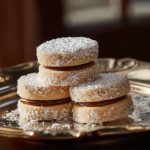 "Traditional Andalusian alfajores stacked on a plate, dusted with powdered sugar and filled with honey and nuts."