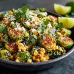 Mexican street corn Brussels sprouts roasted until crispy, tossed with creamy sauce, cotija cheese, lime, and chili powder.