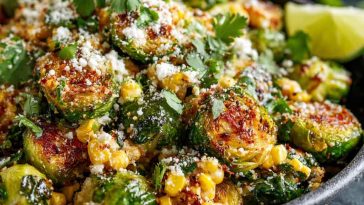 Mexican street corn Brussels sprouts roasted until crispy, tossed with creamy sauce, cotija cheese, lime, and chili powder.