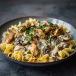 A creamy chicken stroganoff served over egg noodles, garnished with fresh parsley in a rustic bowl.