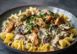 A creamy chicken stroganoff served over egg noodles, garnished with fresh parsley in a rustic bowl.