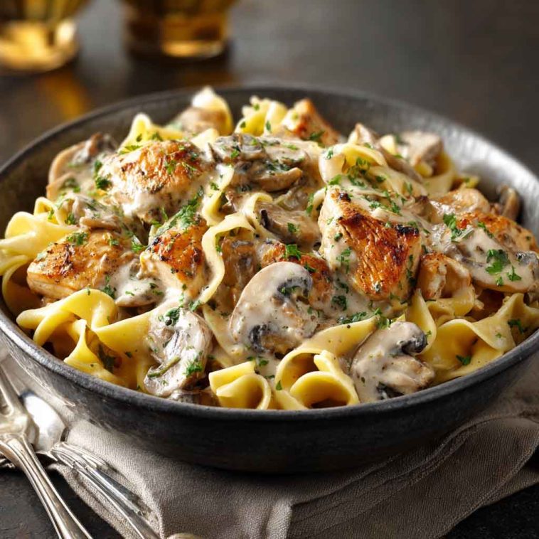 Creamy chicken stroganoff served over egg noodles, garnished with fresh parsley and mushrooms in a rich sauce.