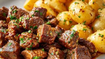 Slow cooker garlic butter beef bites with tender potatoes, garnished with fresh parsley and served in a rustic dish.