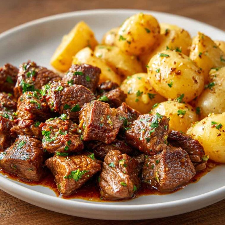 Slow cooker garlic butter beef bites with tender potatoes, garnished with fresh parsley and served in a rustic dish.